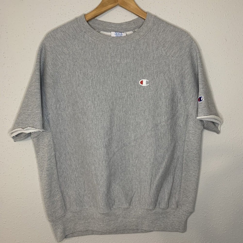 Champion Reverse Weave Mens Medium Gray Sweatshirt Short Sleeves Logo Gym